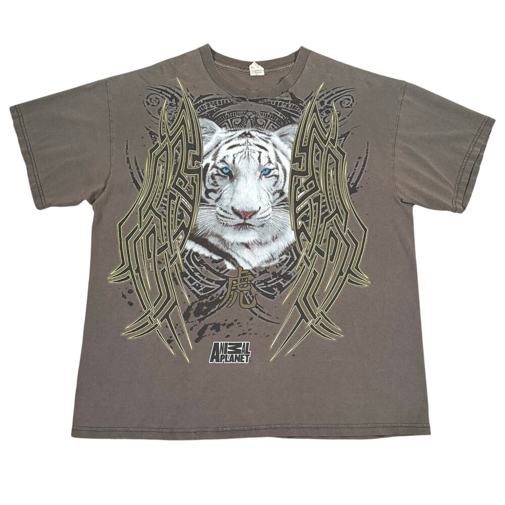 Vintage Animal Planet White Tiger T-Shirt XL Tribal Graphic Y2K Brown Tee